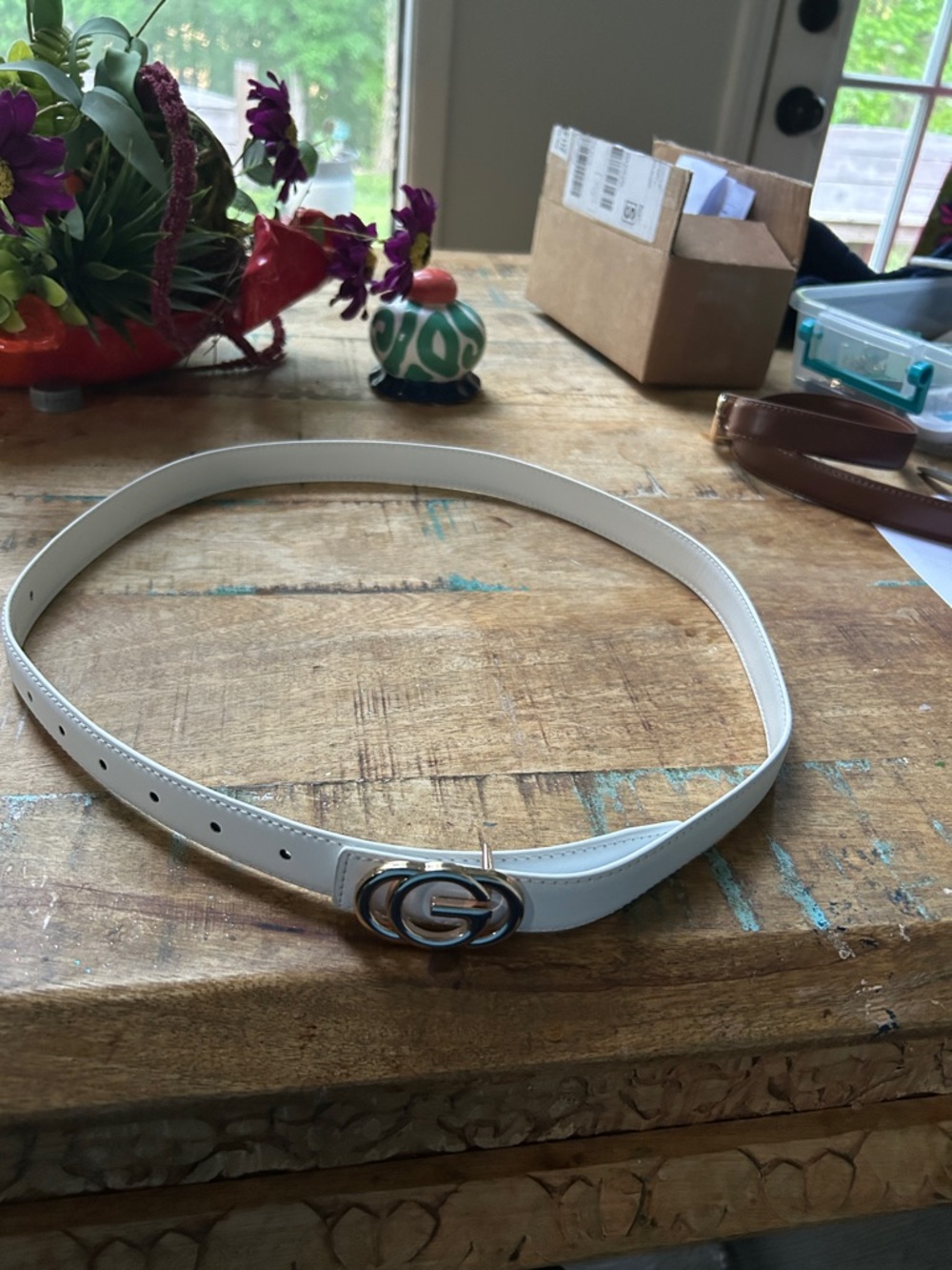 White Leather Belt with Gold Double-G Style Buckle